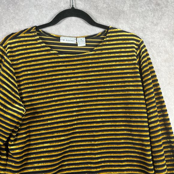 Kim Rogers Shirt Medium Black Yellow Stripe Velvet Crew Neck Long Sleeve Y2K - Picture 2 of 8